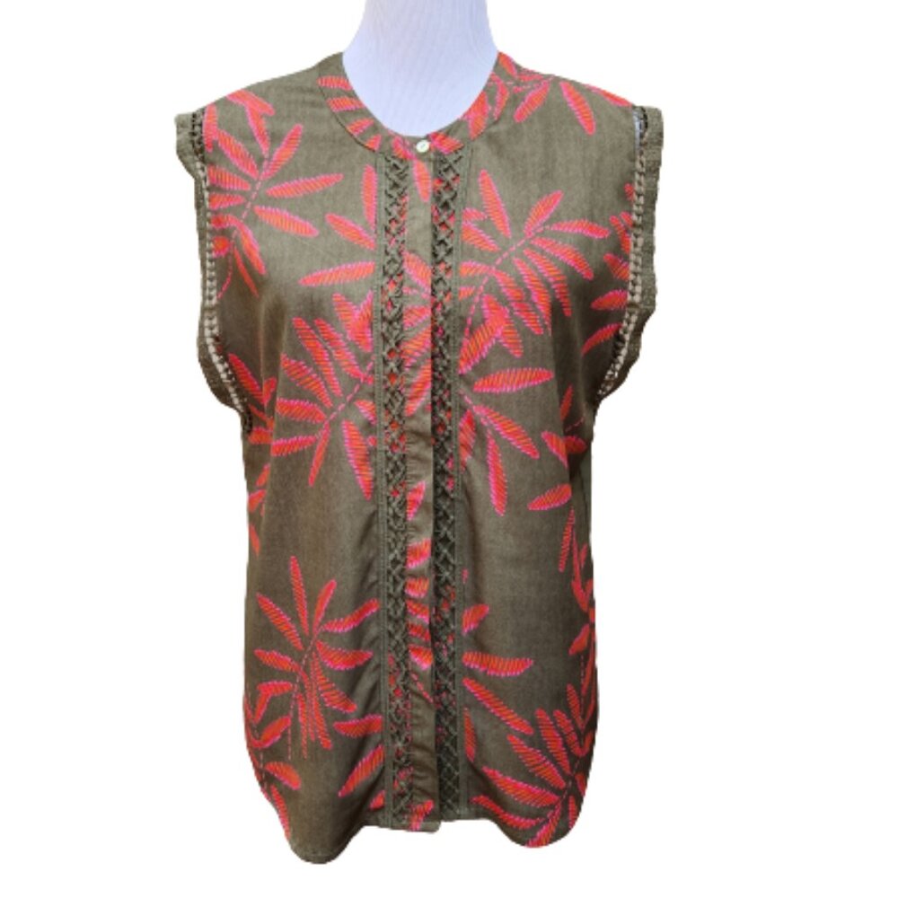 a new day Green Button-Up Blouse Bright Pink Print Crochet Lace Trim - Picture 2 of 14